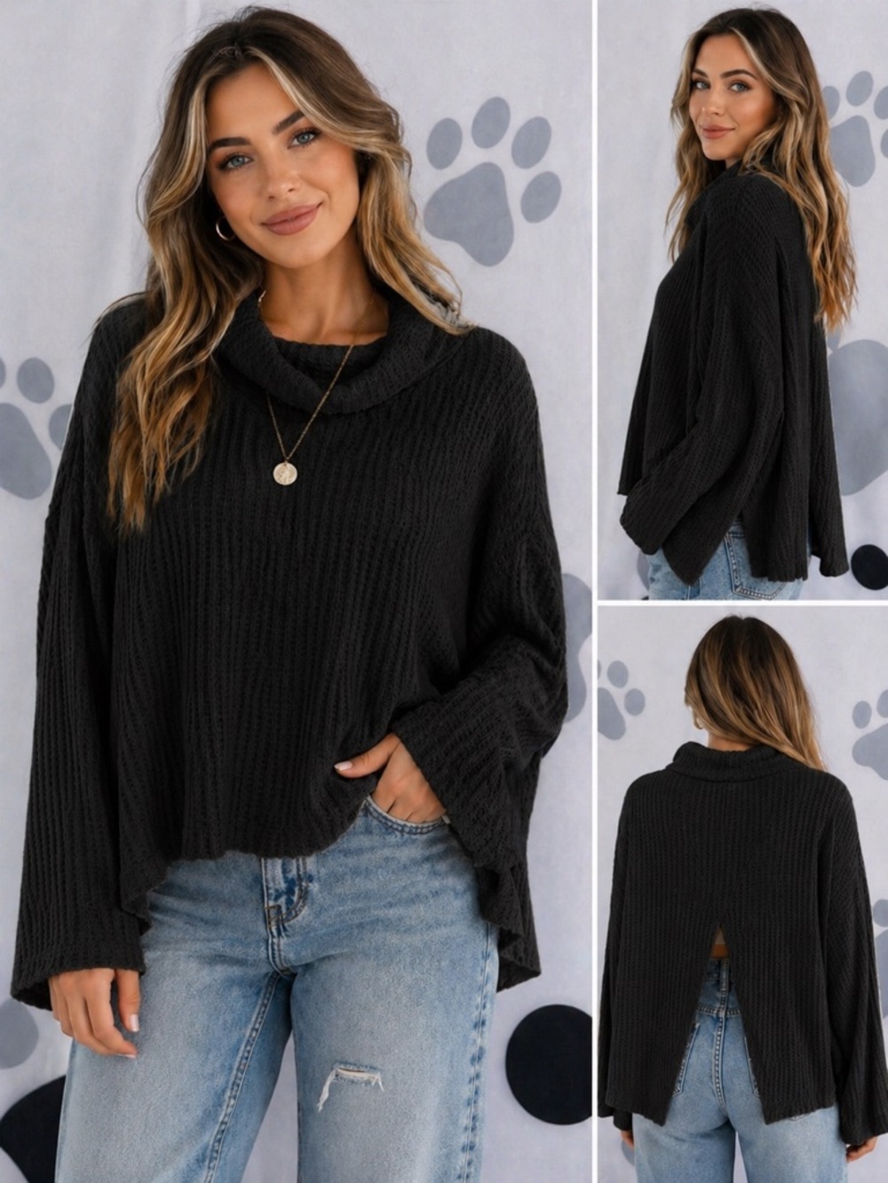 Free People Black Oversized Cowl Neck Juicy Thermal NWT